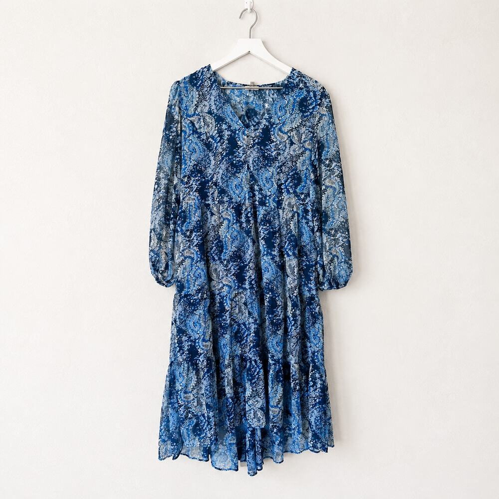 Joie Blue Paisley Chiffon High Low Midi Dress Balloon Sleeve Medium - Picture 2 of 9